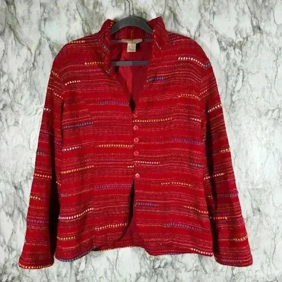 ANU BY NATURAL red woven button up lined blazer mandarin Sz S Ugly Christmas - Picture 1 of 4